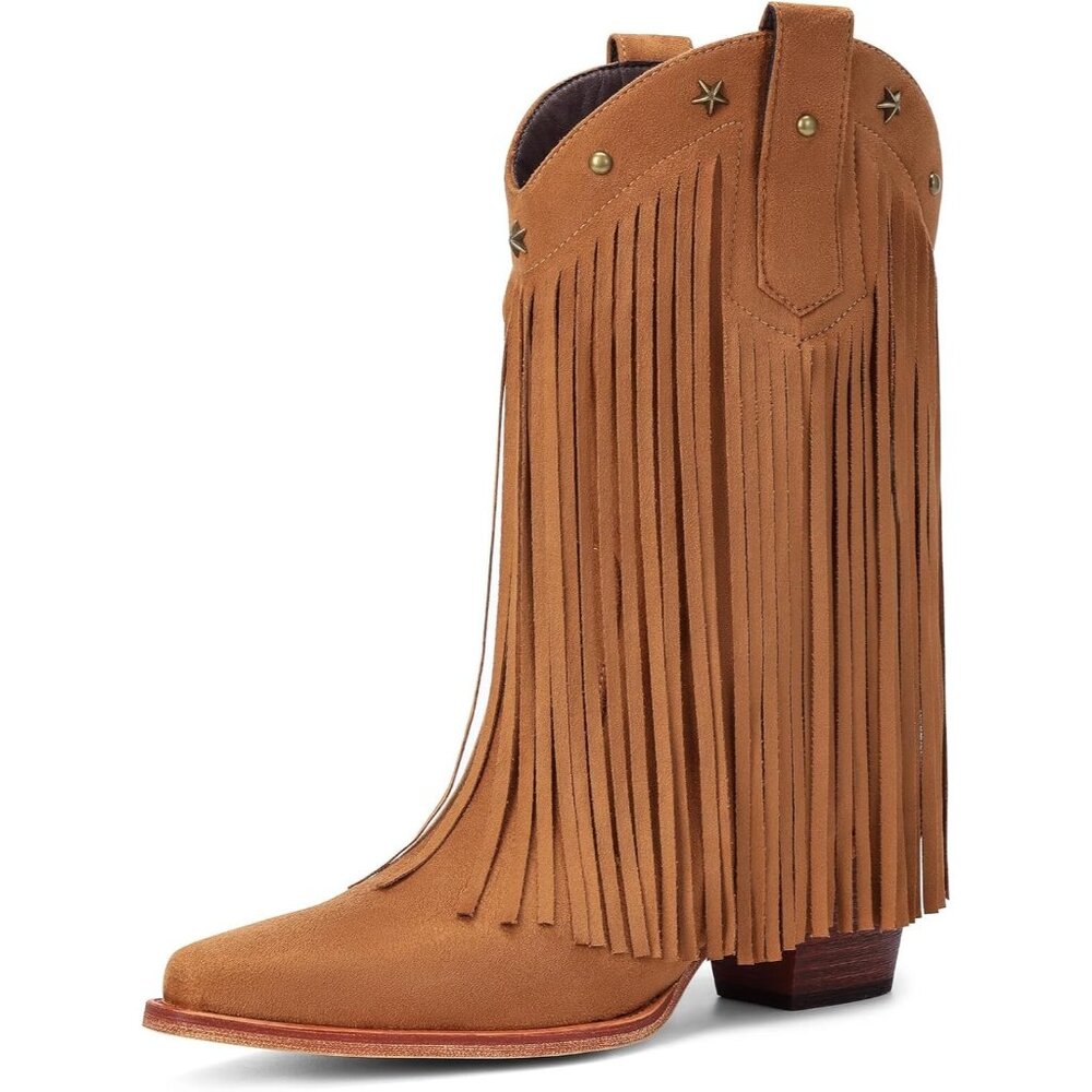 Women's Brown Mid Calf Cowgirl Boots With Star Studded Pointed Toe Chunky Heel